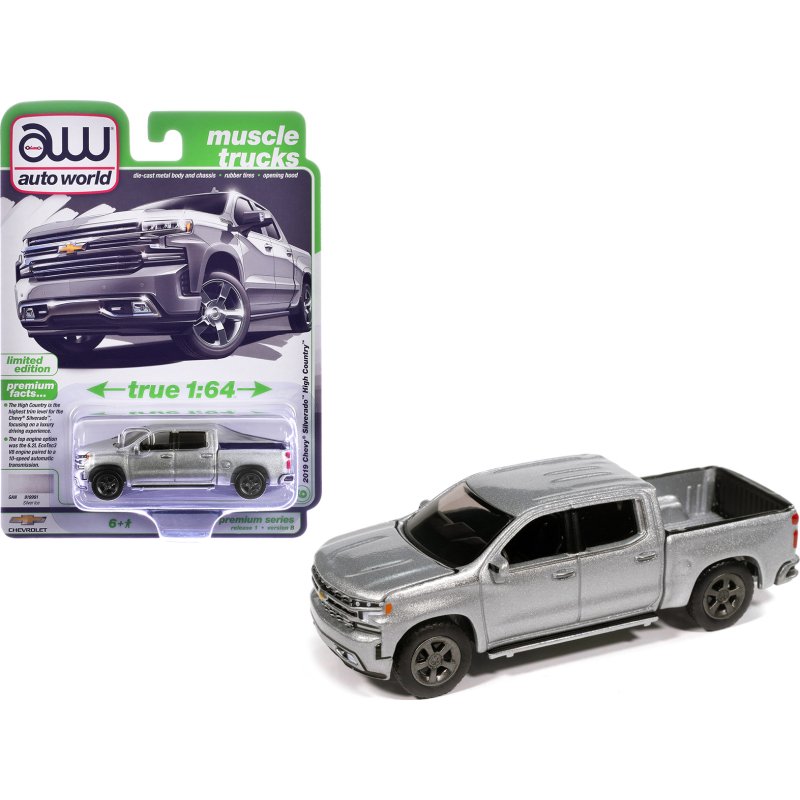 2019 chevrolet silverado high country pickup truck silver ice metallic "muscle trucks" series 1/64 diecast model car by auto world