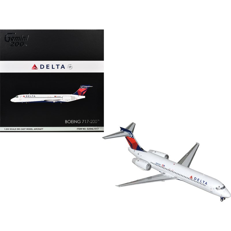 boeing 717 200 commercial aircraft "delta air lines" (n947at) white with blue and red tail "gemini 200" series 1/200 diecast model by geminijets