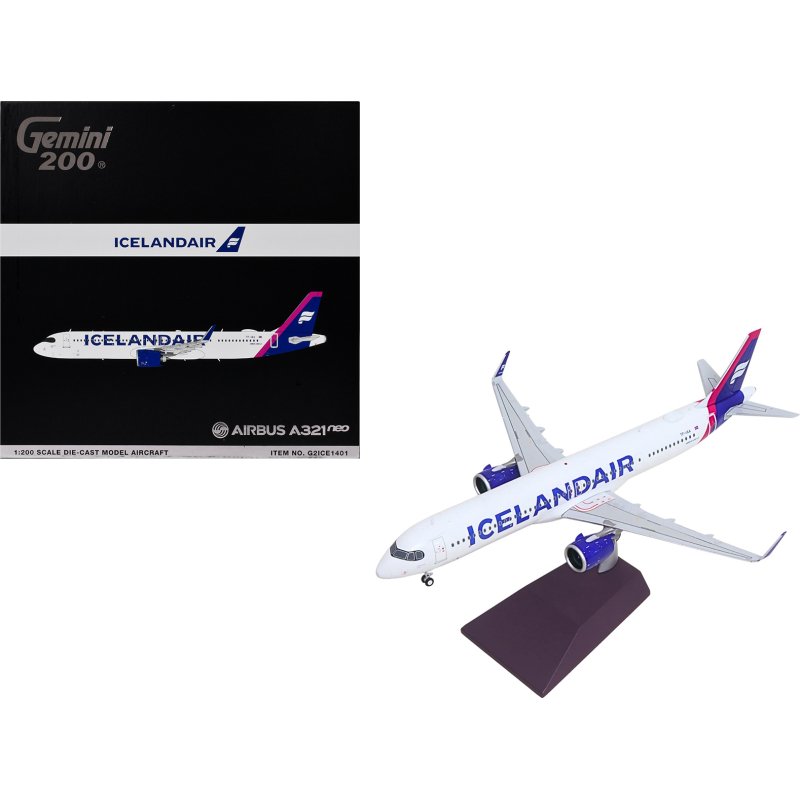 airbus a321neo commercial aircraft "icelandair" (tf iaa) white with blue and pink tail "gemini 200" series 1/200 diecast model by geminijets