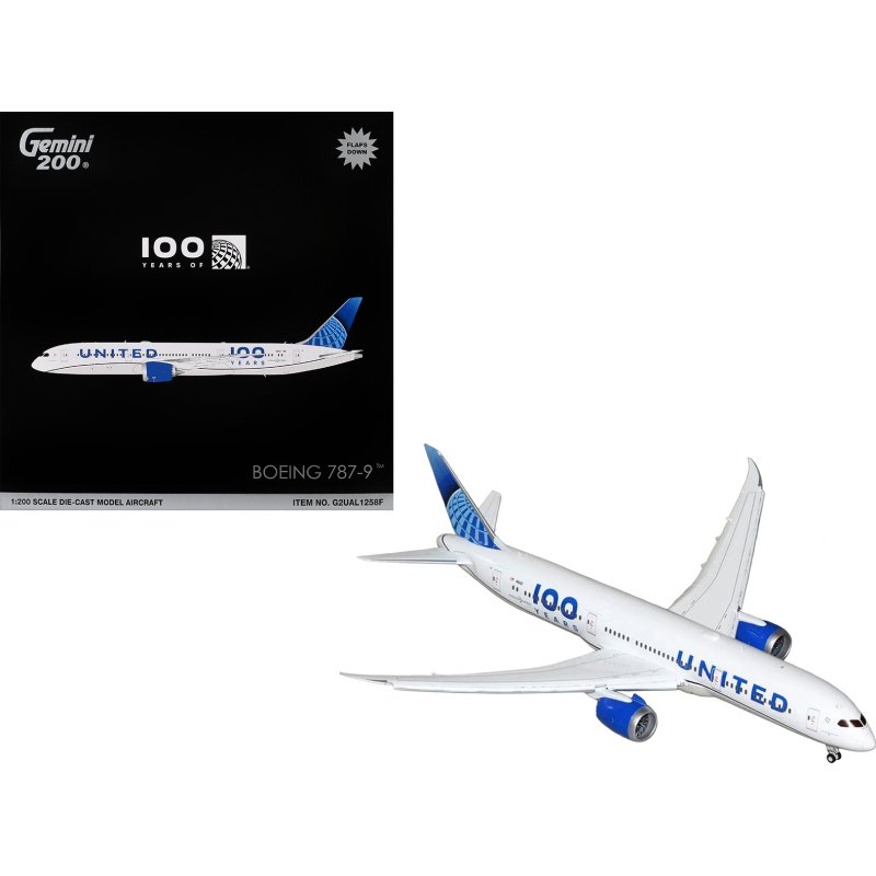 boeing 787 9 commercial aircraft with flaps down "united airlines 100 years" (n61101) white with graphics and blue tail "gemini 200" series 1/200 diecast model by geminijets