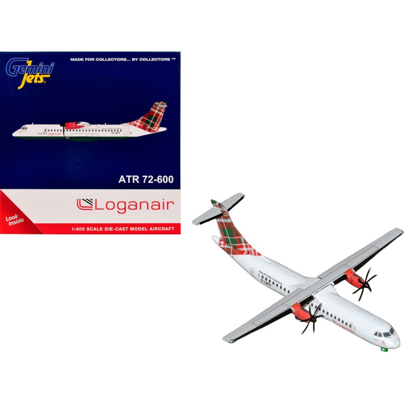 atr 72 600 commercial aircraft "loganair isle of man's airline" (g lmte) white with red and green plaid tail 1/400 diecast model by geminijets