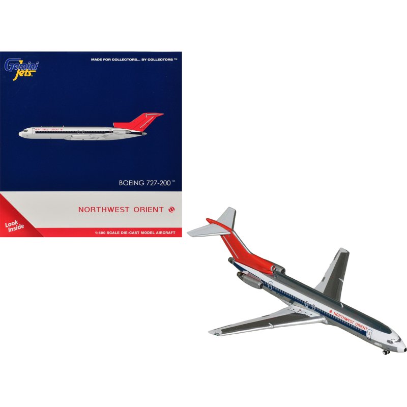 boeing 727 200 commercial aircraft "northwest orient" (n298us) silver with white stripes and red tail 1/400 diecast model by geminijets