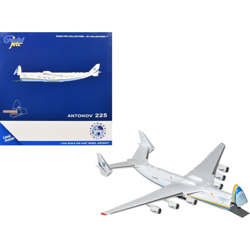 antonov an 225 mriya commercial aircraft "antonov airlines" (ur 82060) white with blue and yellow stripes "interactive series" 1/400 diecast model by geminijets