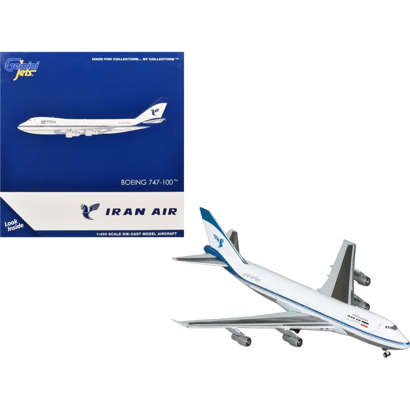 boeing 747 100 commercial aircraft "iran air" (ep iam) white with blue stripes 1/400 diecast model by geminijets