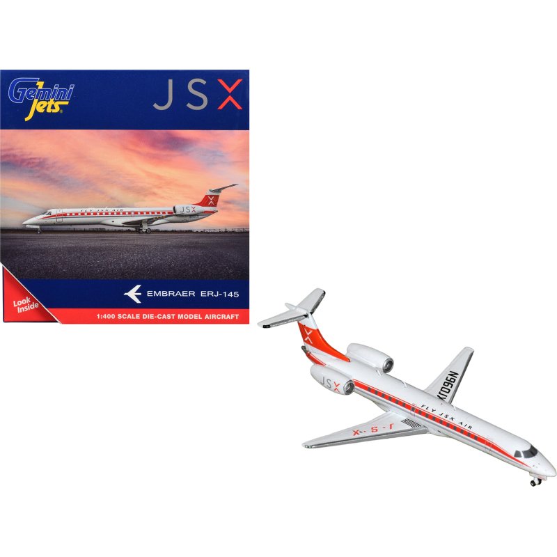 embraer erj 145 commercial aircraft "jsx" (n960jx) white with red stripes and tail 1/400 diecast model airplane by geminijets