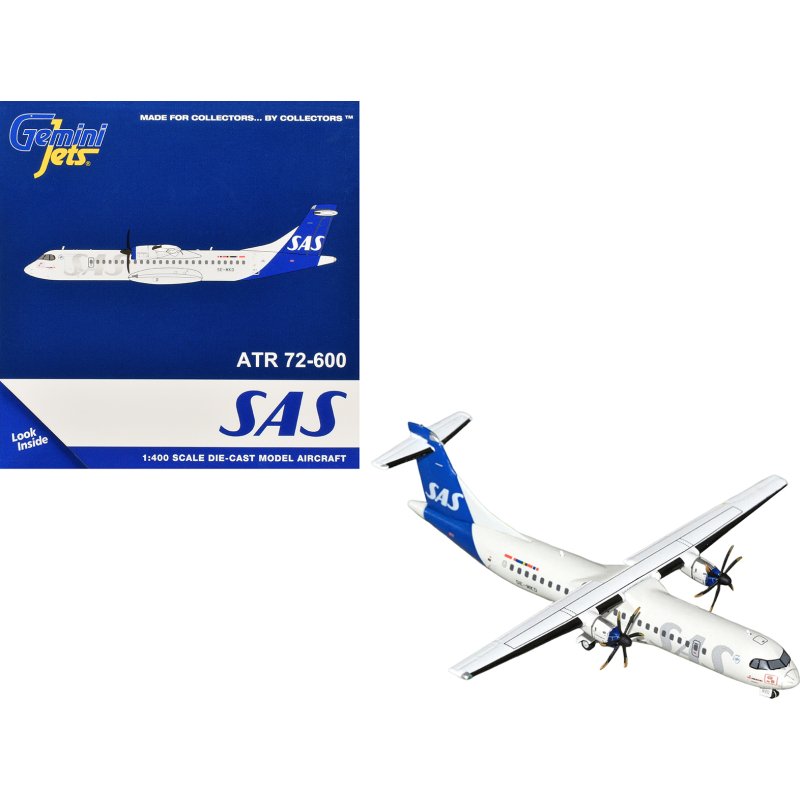 atr 72 600 commercial aircraft "scandinavian airlines" (se mkd) white with blue tail 1/400 diecast model by geminijets