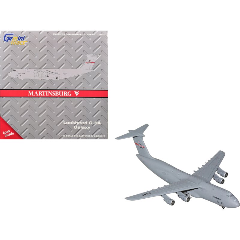 lockheed c 5a galaxy transport aircraft "martinsburg air force base" united states air force (68 0222) gray "gemini macs" series 1/400 diecast model by geminijets