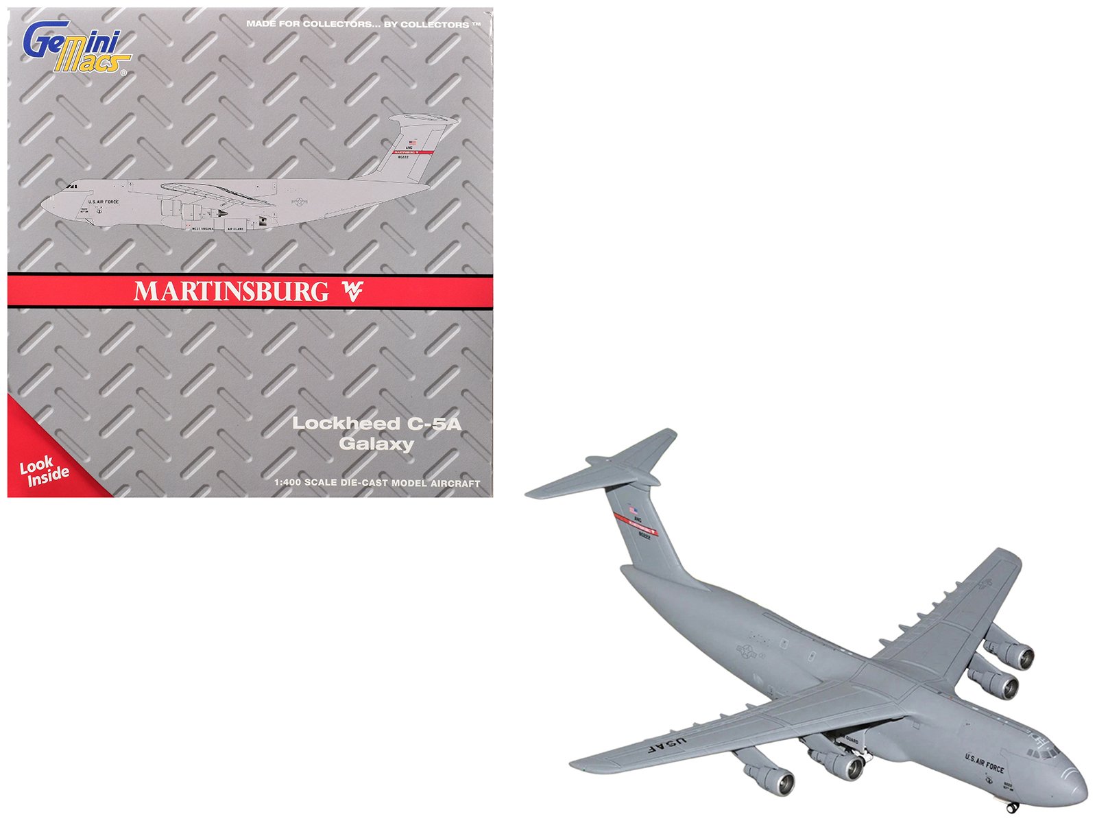 lockheed c 5a galaxy transport aircraft "martinsburg air force base" united states air force (68 0222) gray "gemini macs" series 1/400 diecast model by geminijets lockheed c 5a galaxy transport aircraft "martinsburg air force base" united states air force (68 0222) gray "gemini macs" series 1/400 diecast model by geminijets