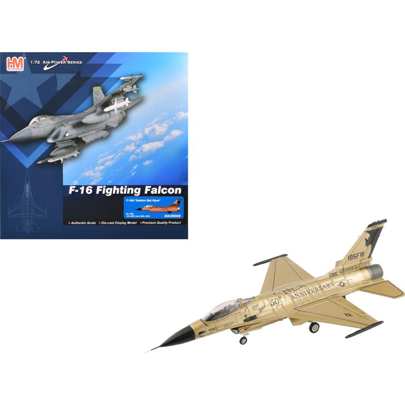 lockheed f 16a fighting falcon fighter aircraft "85 1565 golden bat viper 185 arw iowa ang squadron 50th anniversary" (2022) united states air force "air power series" 1/72 diecast model by hobby master
