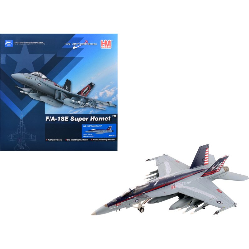 boeing f/a 18e super hornet fighter aircraft "166817 vfa 136 knighthawks uss trumman" (2024) united states navy "air power series" 1/72 diecast model by hobby master
