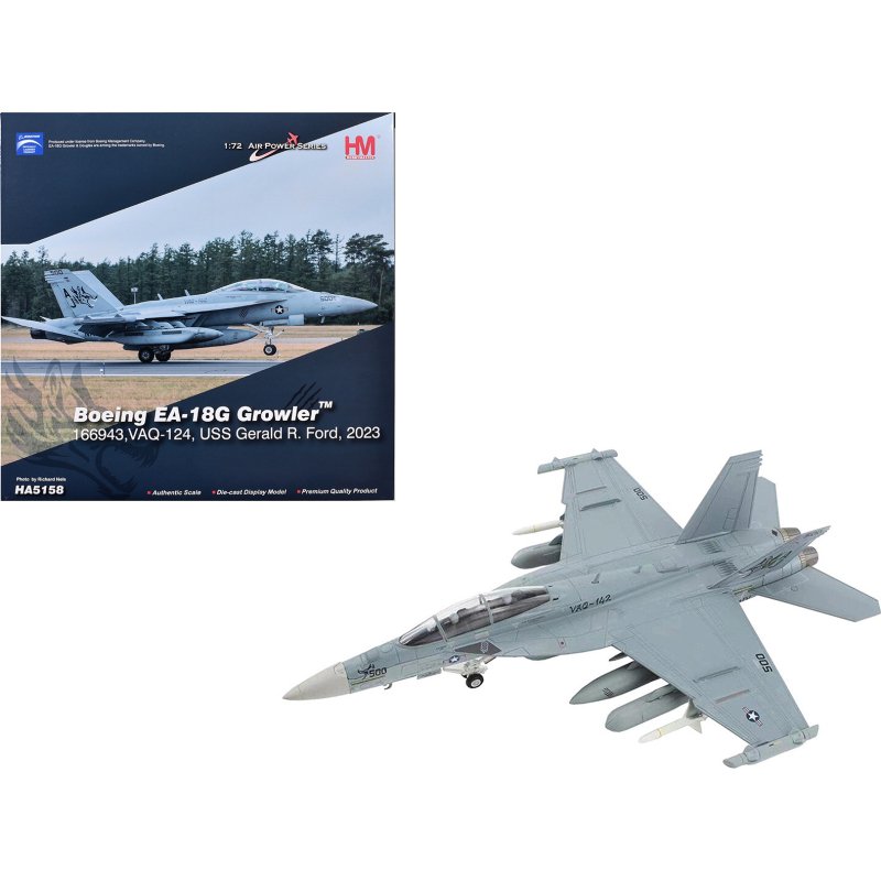 boeing ea 18g growler aircraft "vaq 142 gray wolves uss gerald r. ford" (2023) united states navy "air power series" 1/72 diecast model by hobby master