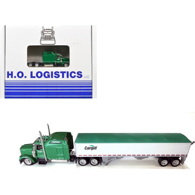 kenworth w900l truck tractor with sleeper cab "cargill" green and covered grain trailer white with green tarp combo set 1/87 (ho) plastic model car by ho logistics