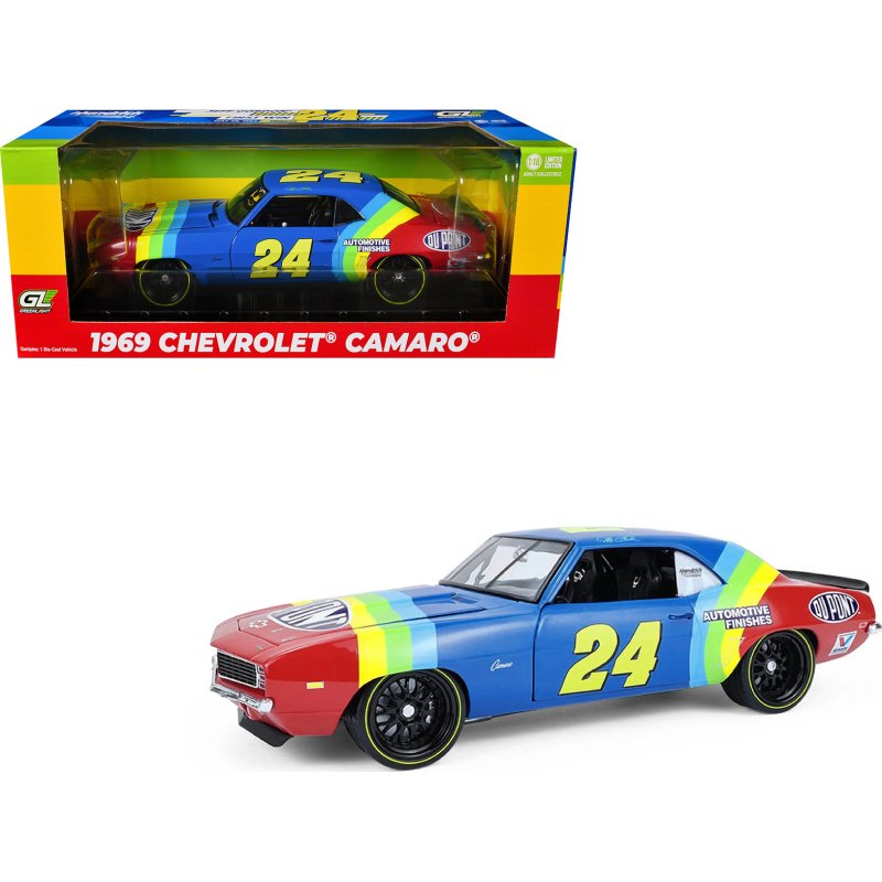 1969 chevrolet camaro #24 jeff gordon "hendrick motorsports first win tribute" blue and red with rainbow stripes 1/18 diecast model car by highway 61