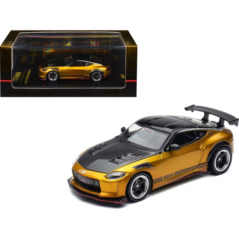 nissan fairlady z top secret (rz34) rhd (right hand drive) gold metallic with carbon hood and black top 1/64 diecast model car by inno models