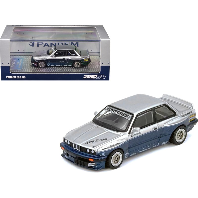 pandem e30 m3 silver metallic and dark blue 1/64 diecast model car by inno models