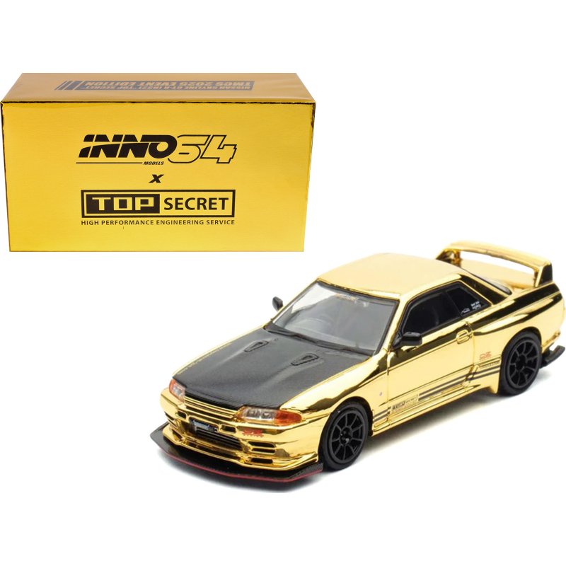 nissan skyline gt r (r32) "top secret" rhd (right hand drive) chrome gold with carbon hood "the model car show malaysia 2025 event edition" 1/64 diecast model car by inno models