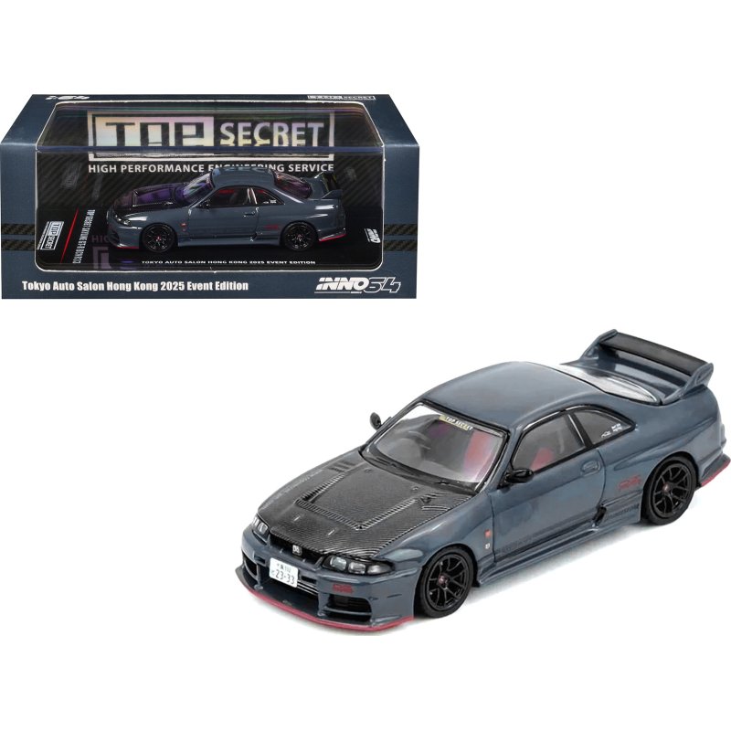 nissan top secret skyline gt r (bcnr33) rhd (right hand drive) stealth gray with carbon hood "tokyo auto salon hong kong 2025 event edition" 1/64 diecast model car by inno models