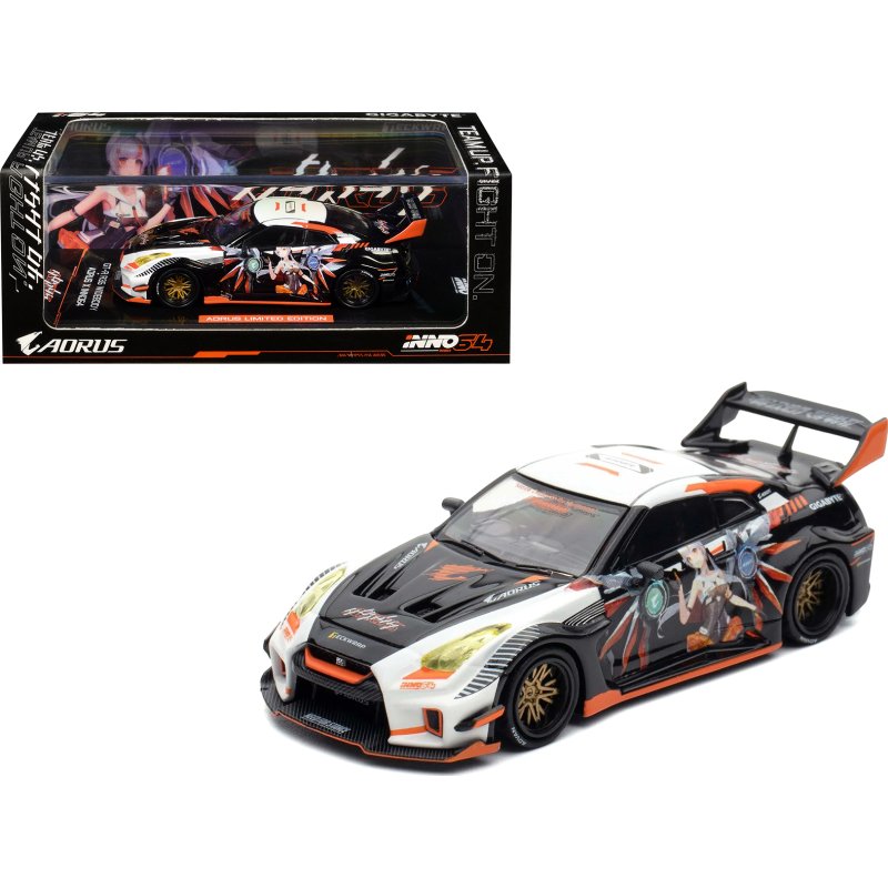 nissan gt r (r35) widebody rhd (right hand drive) black and white with graphics "aorus x inno64 limited edition" 1/64 diecast model car by inno models