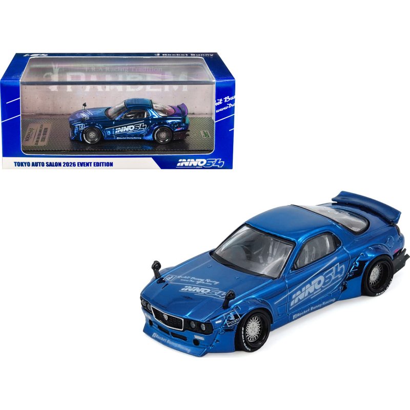 mazda rx 7 (fd3s) rhd (right hand drive) "pandem rocket bunny" blue chrome "tokyo auto salon 2026 event edition" 1/64 diecast model car by inno models