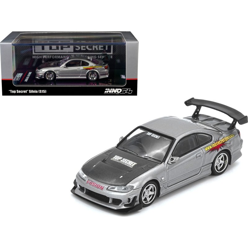 nissan "top secret" silvia (s15) rhd (right hand drive) silver metallic with carbon hood 1/64 diecast model car by inno models