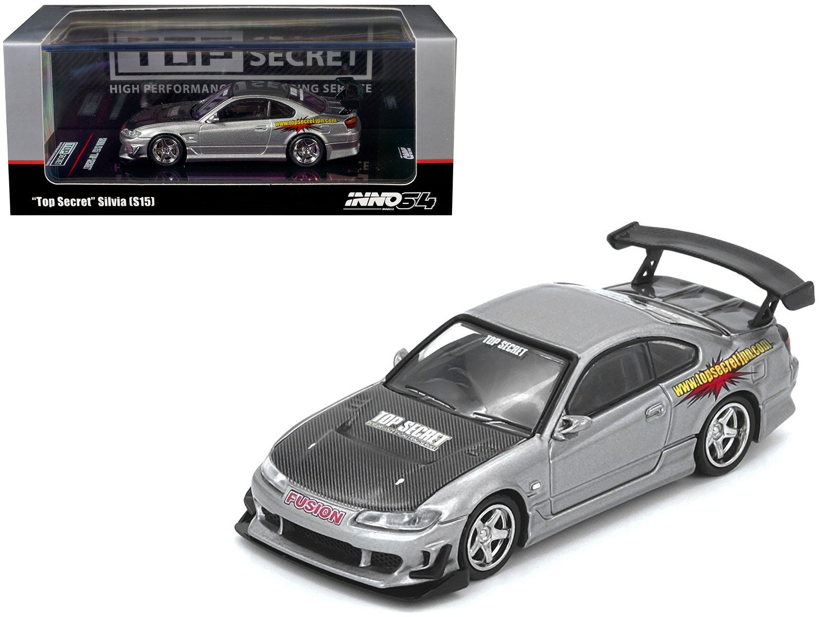 nissan "top secret" silvia (s15) rhd (right hand drive) silver metallic with carbon hood 1/64 diecast model car by inno models nissan "top secret" silvia (s15) rhd (right hand drive) silver metallic with carbon hood 1/64 diecast model car by inno models
