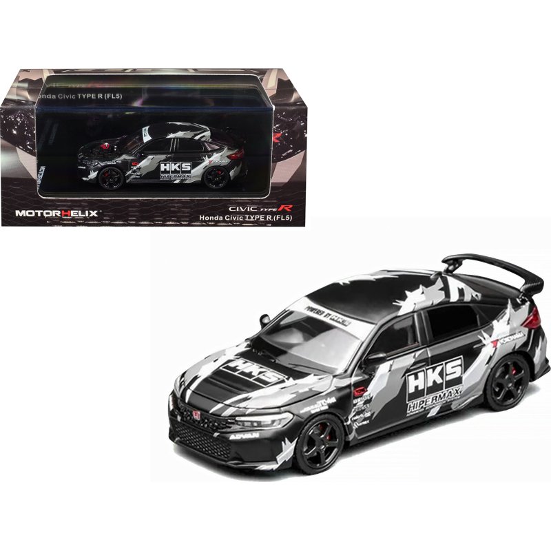honda civic type r (fl5) rhd (right hand drive) "hks" matt black with graphics 1/64 diecast model car by motorhelix