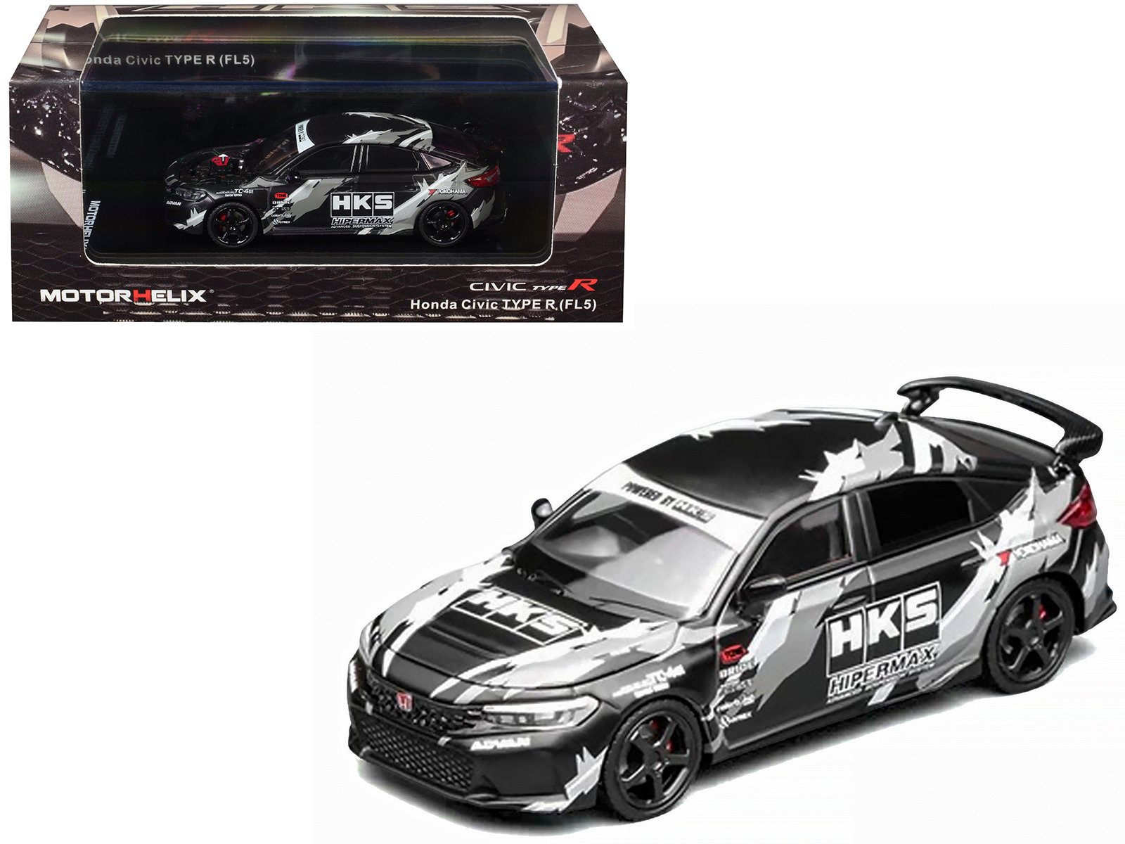 honda civic type r (fl5) rhd (right hand drive) "hks" matt black with graphics 1/64 diecast model car by motorhelix honda civic type r (fl5) rhd (right hand drive) "hks" matt black with graphics 1/64 diecast model car by motorhelix