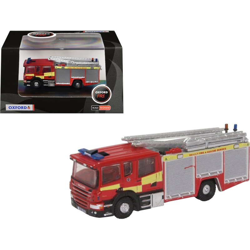 scania pump ladder fire engine "surrey fire and rescue" red with yellow stripes 1/148 (n) scale diecast model car by oxford diecast