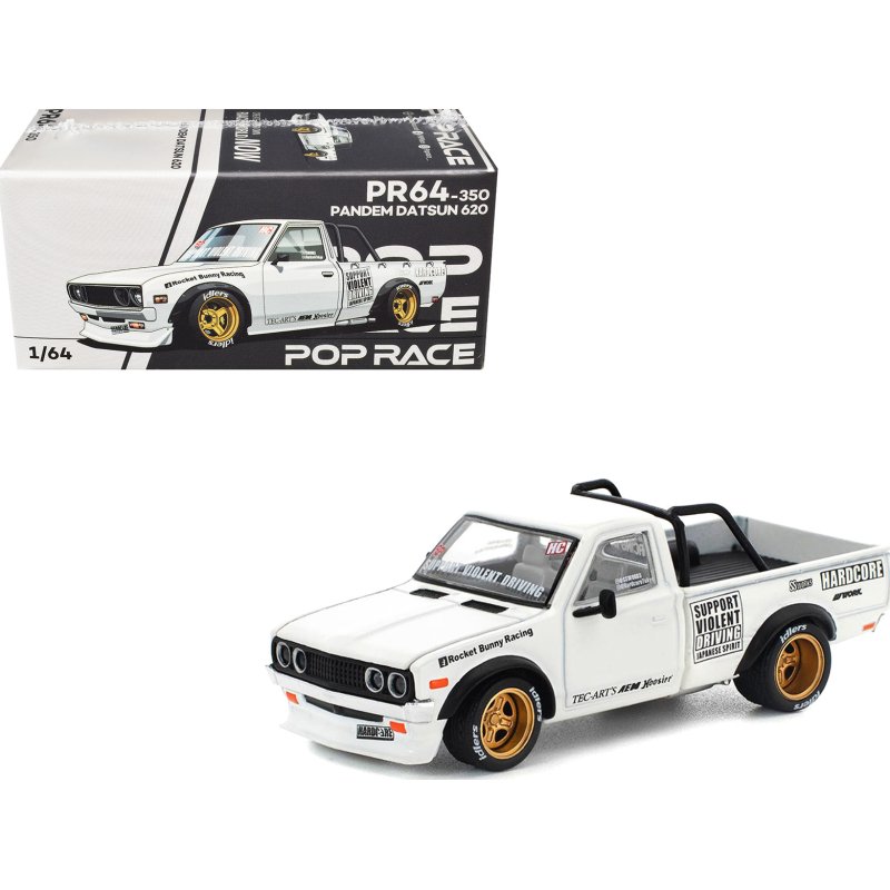 datsun pandem 620 pickup truck "rocket bunny racing" white with graphics 1/64 diecast model car by pop race