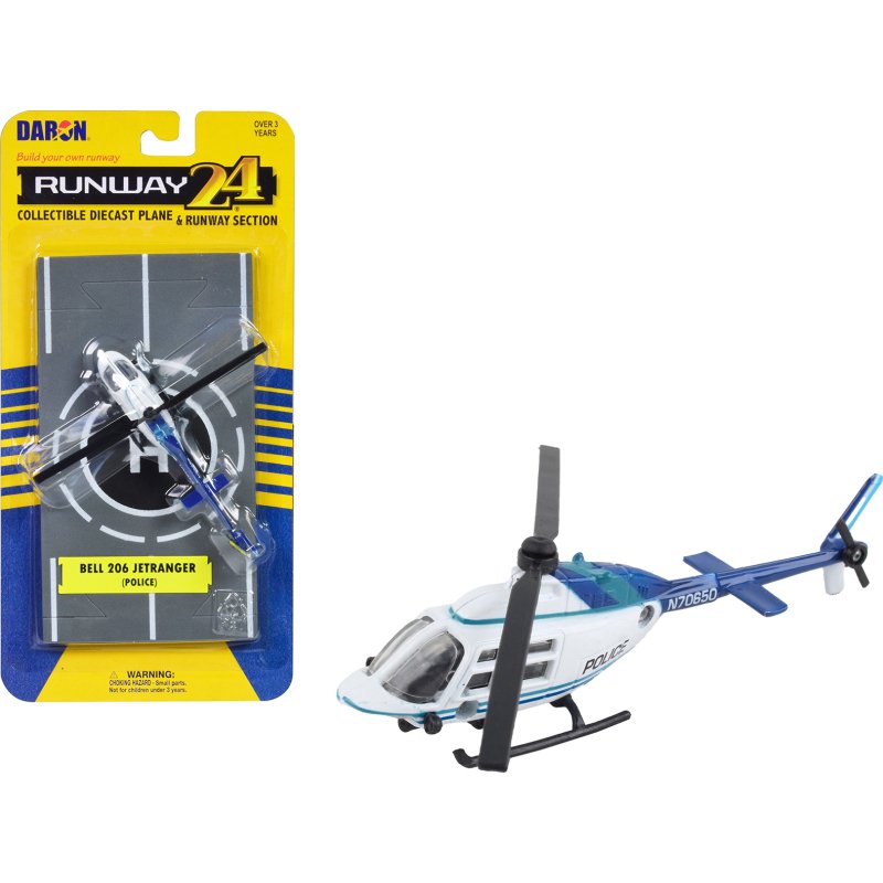 bell 206 jetranger helicopter white and blue "police n70650" with runway section diecast model by runway24