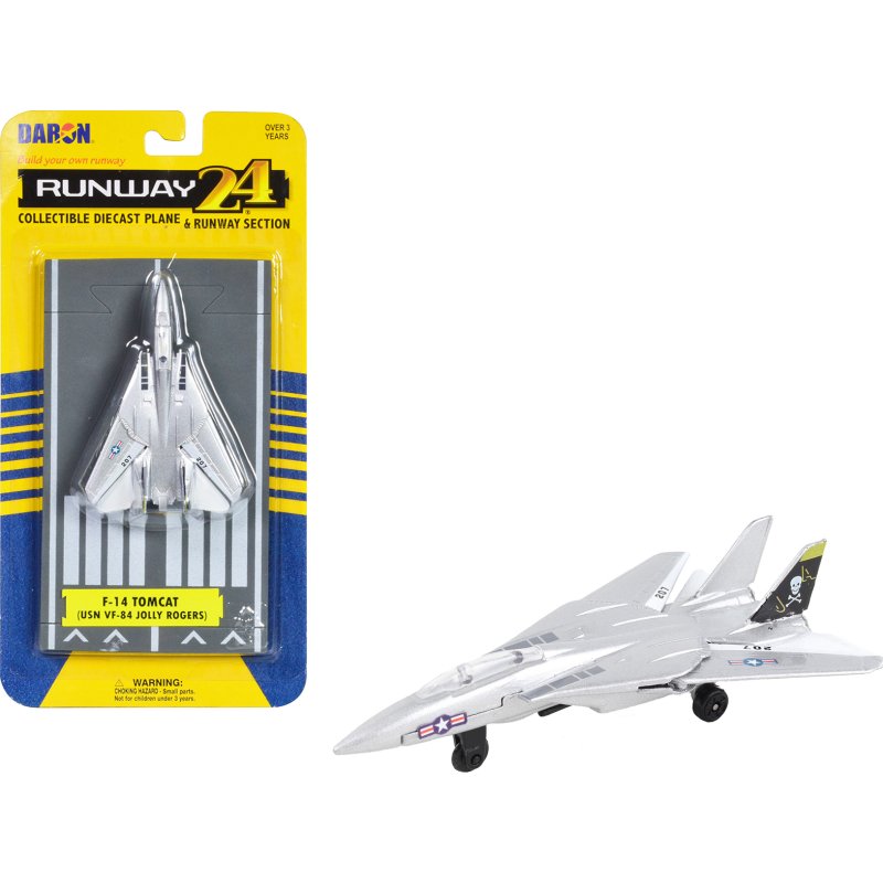 grumman f 14 tomcat fighter aircraft silver metallic "united states navy vf 84 jolly rogers" with runway section diecast model airplane by runway24