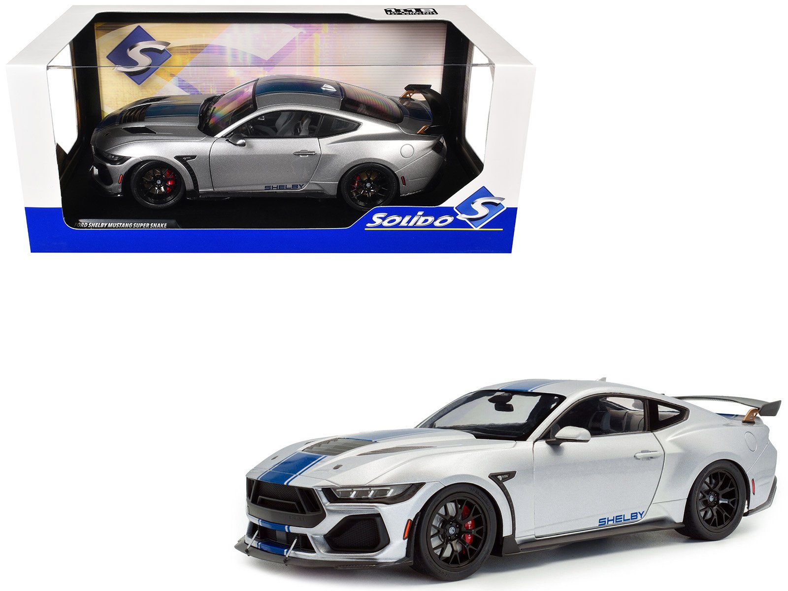 2024 ford shelby mustang super snake gray metallic with blue stripes 1/18 diecast model car by solido 2024 ford shelby mustang super snake gray metallic with blue stripes 1/18 diecast model car by solido