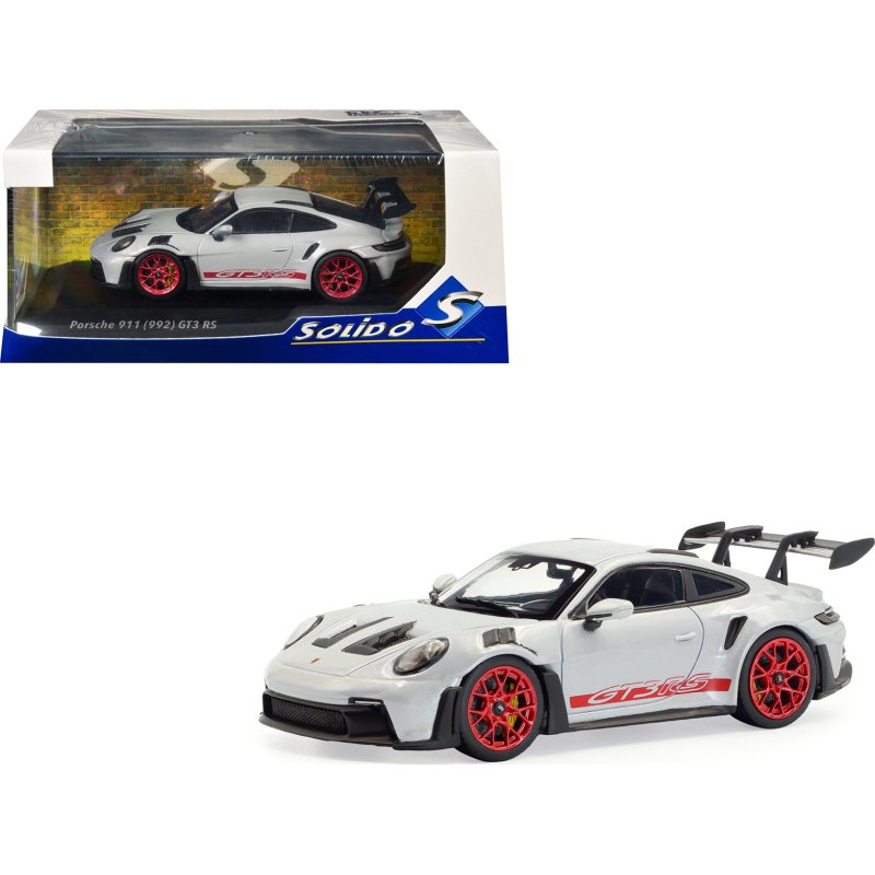 2023 porsche 911 (992) gt3 rs ice gray metallic with pyro red stripes 1/43 diecast model car by solido