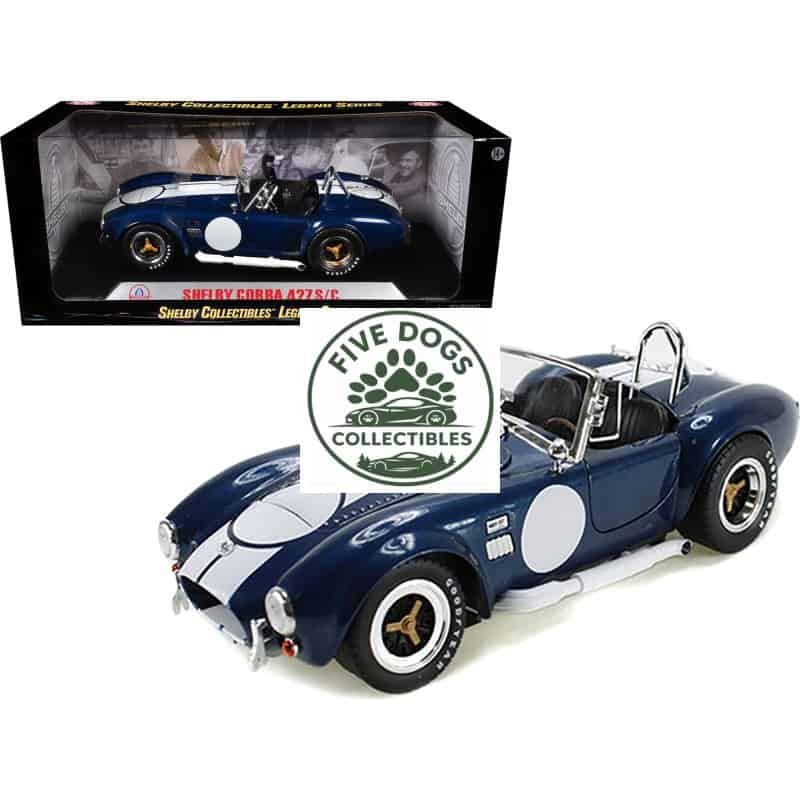 Detailed Shelby Cobra 427 S/C collectible diecast car in blue with white racing stripes.