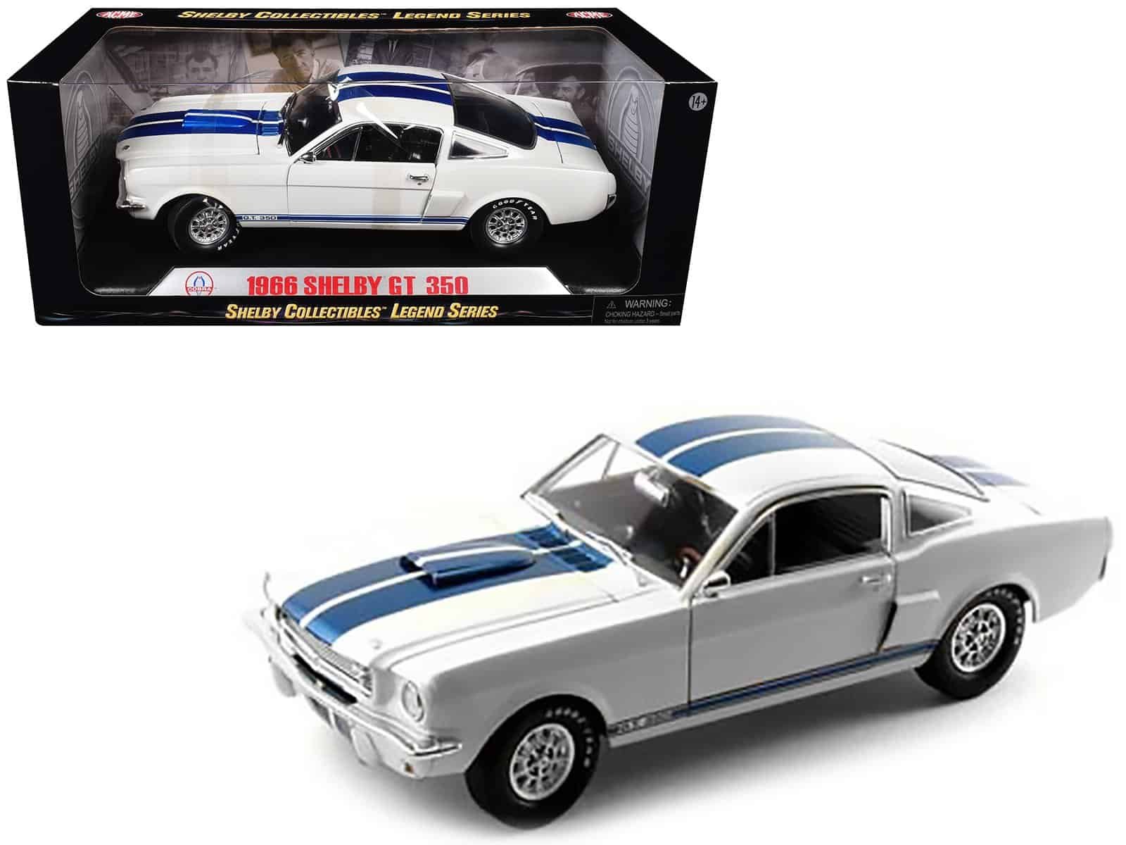 1966 ford mustang shelby gt350 white with blue stripes 1/18 diecast model car by shelby collectibles 1966 ford mustang shelby gt350 white with blue stripes 1/18 diecast model car by shelby collectibles