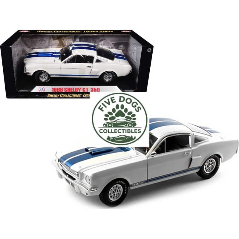Detailed 1986 Shelby GT350 diecast model car with blue racing stripes.