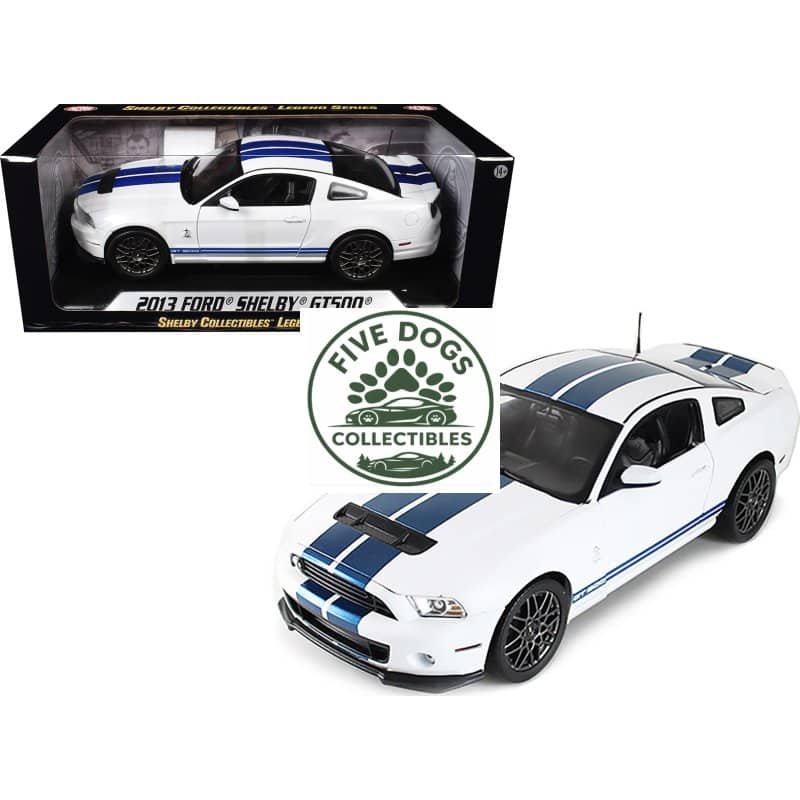Detailed 2013 Ford Shelby GT500 collectible diecast car in white with blue racing stripes.