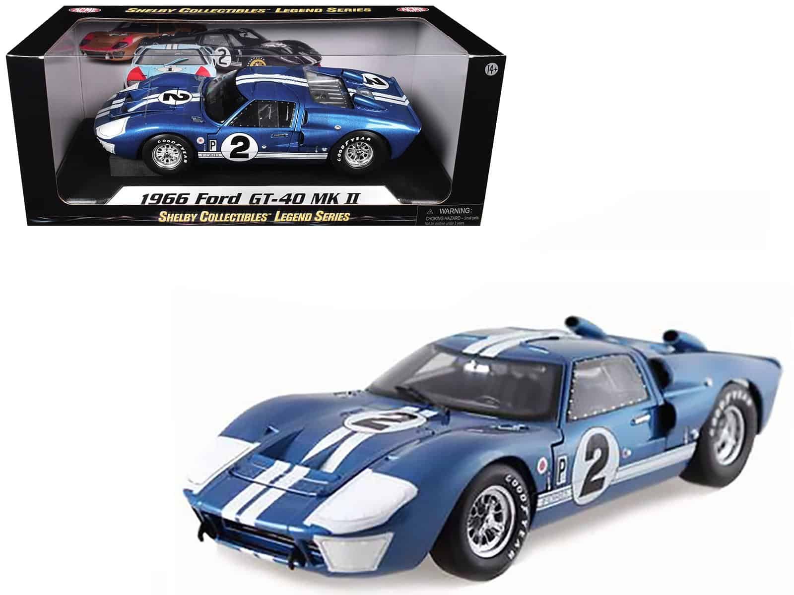 1966 Ford GT40 MK II Collectible Car Detailed blue 1966 Ford GT40 MK II diecast model from Shelby Collectibles.