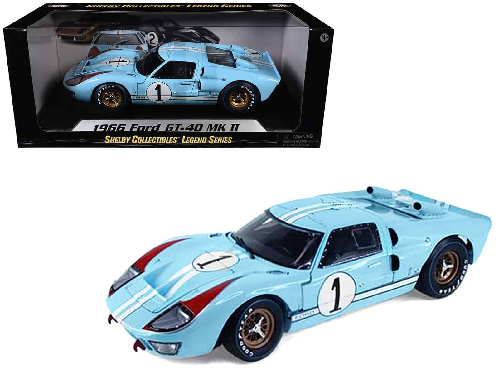 1966 ford gt 40 mk ii rhd (right hand drive) #1 light blue miles hulme le mans 1/18 diecast model car by shelby collectibles 1966 ford gt 40 mk ii rhd (right hand drive) #1 light blue miles hulme le mans 1/18 diecast model car by shelby collectibles