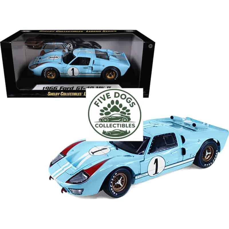 Detailed Ford GT40 MK II diecast car in light blue with racing decals.