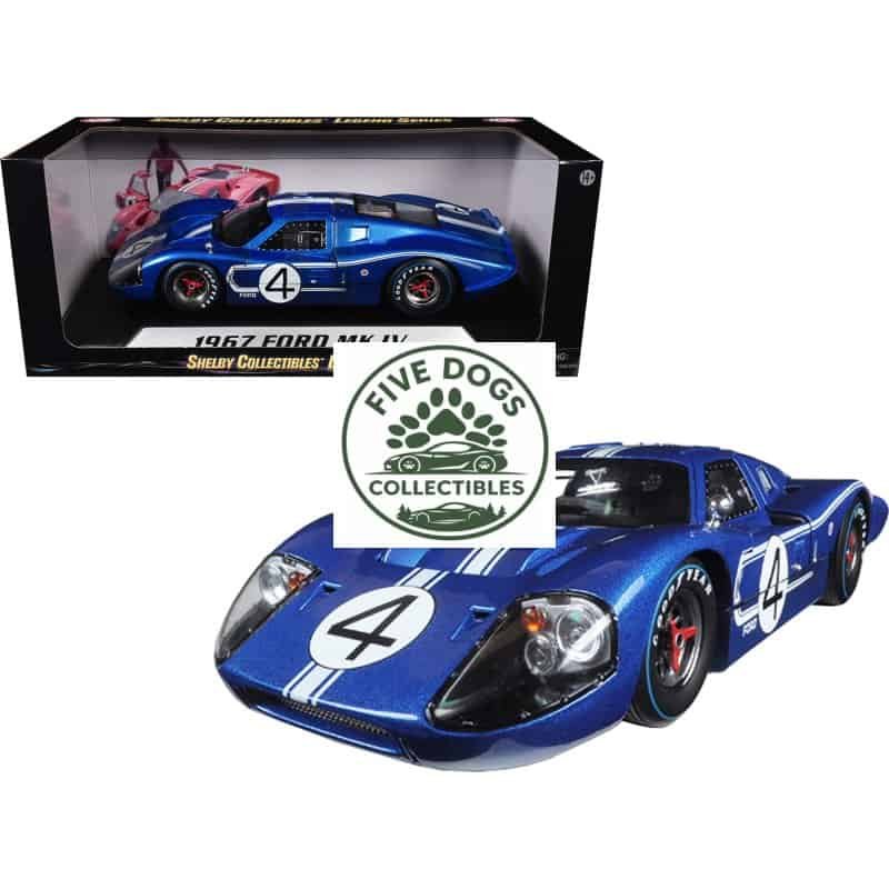 Detailed 1967 Ford MK II diecast model in blue with racing stripes and number 4 decals.
