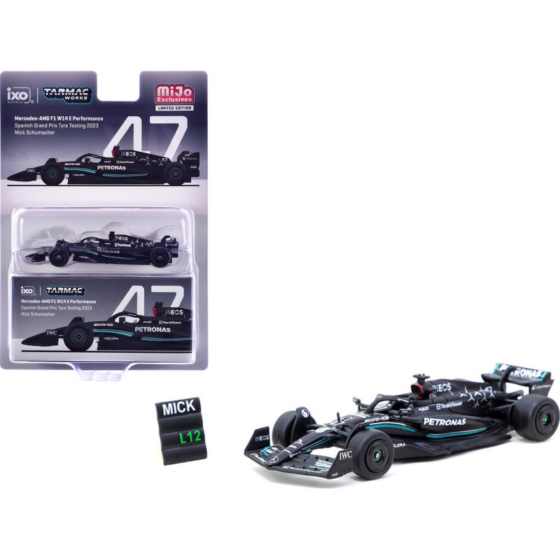 mercedes amg f1 w14 e performance #47 mick schumacher formula one f1 "spanish gp tyre testing" (2023) with pit board "global64" series 1/64 diecast model by tarmac works