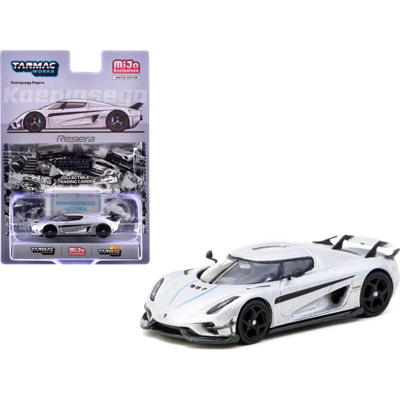 koenigsegg regera silver metallic with blue accents and collectible tarmac cards "global64" series 1/64 diecast model car by tarmac works