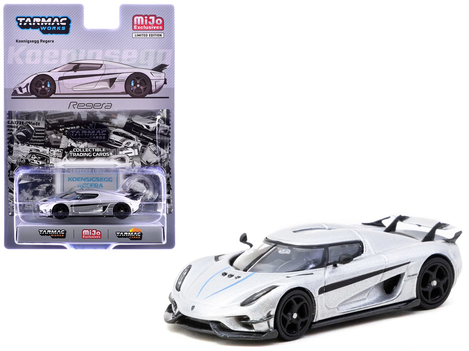 koenigsegg regera silver metallic with blue accents and collectible tarmac cards "global64" series 1/64 diecast model car by tarmac works koenigsegg regera silver metallic with blue accents and collectible tarmac cards "global64" series 1/64 diecast model car by tarmac works