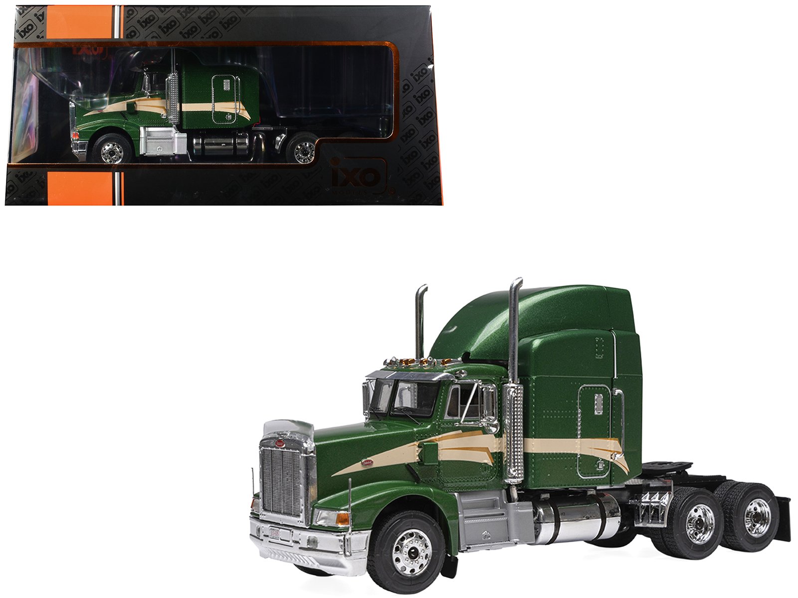 1998 peterbilt 377 a/e truck tractor green metallic with beige stripes 1/43 diecast model by ixo models 1998 peterbilt 377 a/e truck tractor green metallic with beige stripes 1/43 diecast model by ixo models