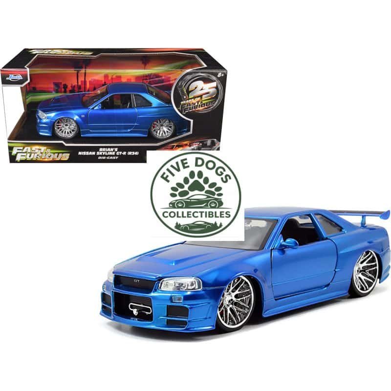 Die-cast Nissan Skyline GT-R model in vibrant blue with detailed features.
