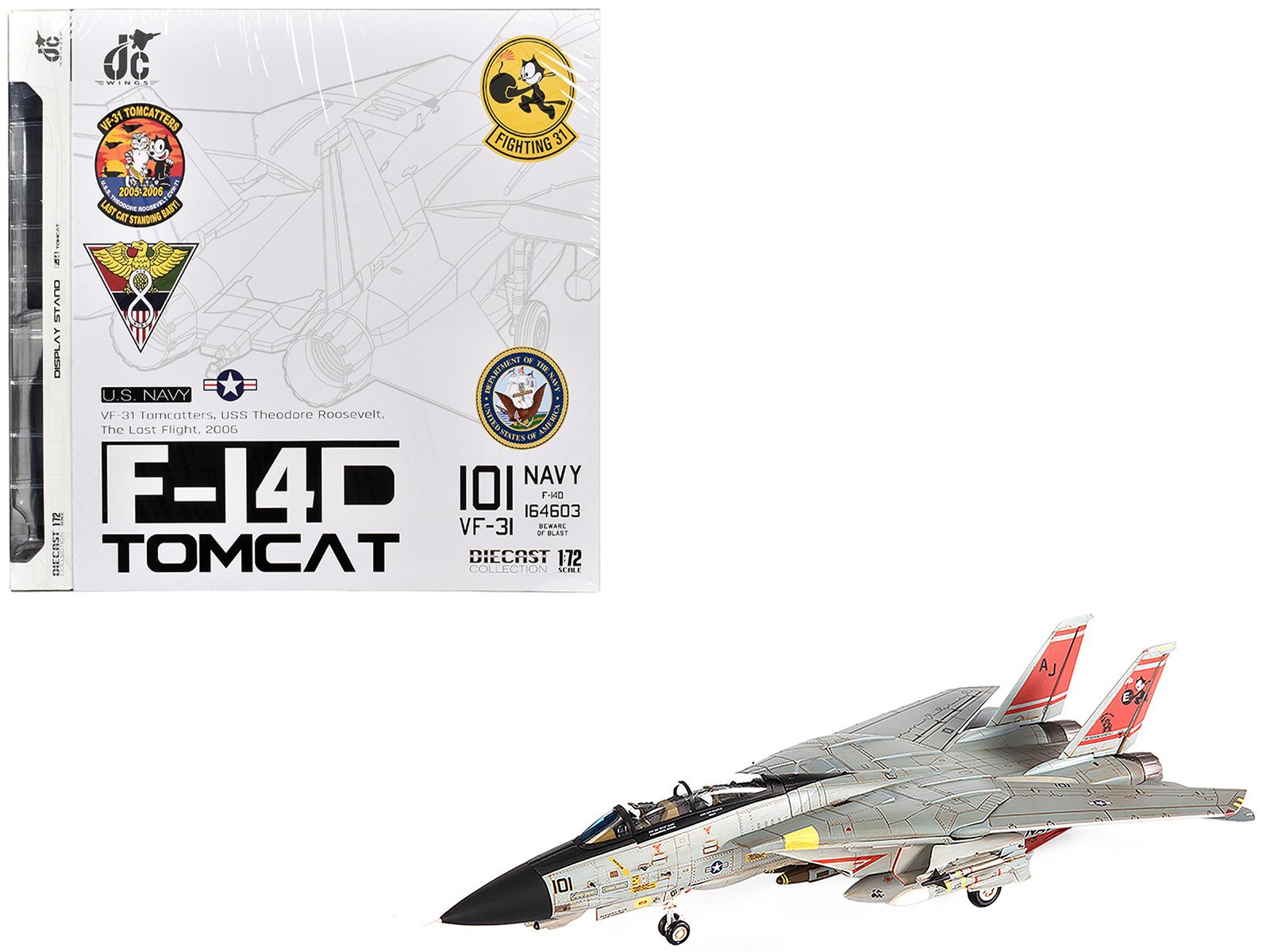grumman f 14d tomcat fighter aircraft "vf 31 tomcatters uss theodore roosevelt the last flight" (2006) united states navy 1/72 diecast model by jc wings grumman f 14d tomcat fighter aircraft "vf 31 tomcatters uss theodore roosevelt the last flight" (2006) united states navy 1/72 diecast model by jc wings