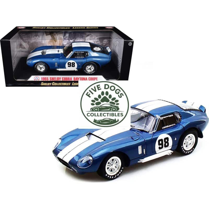 Blue 1965 Shelby Cobra Daytona Coupe diecast model with racing stripes and number 98.